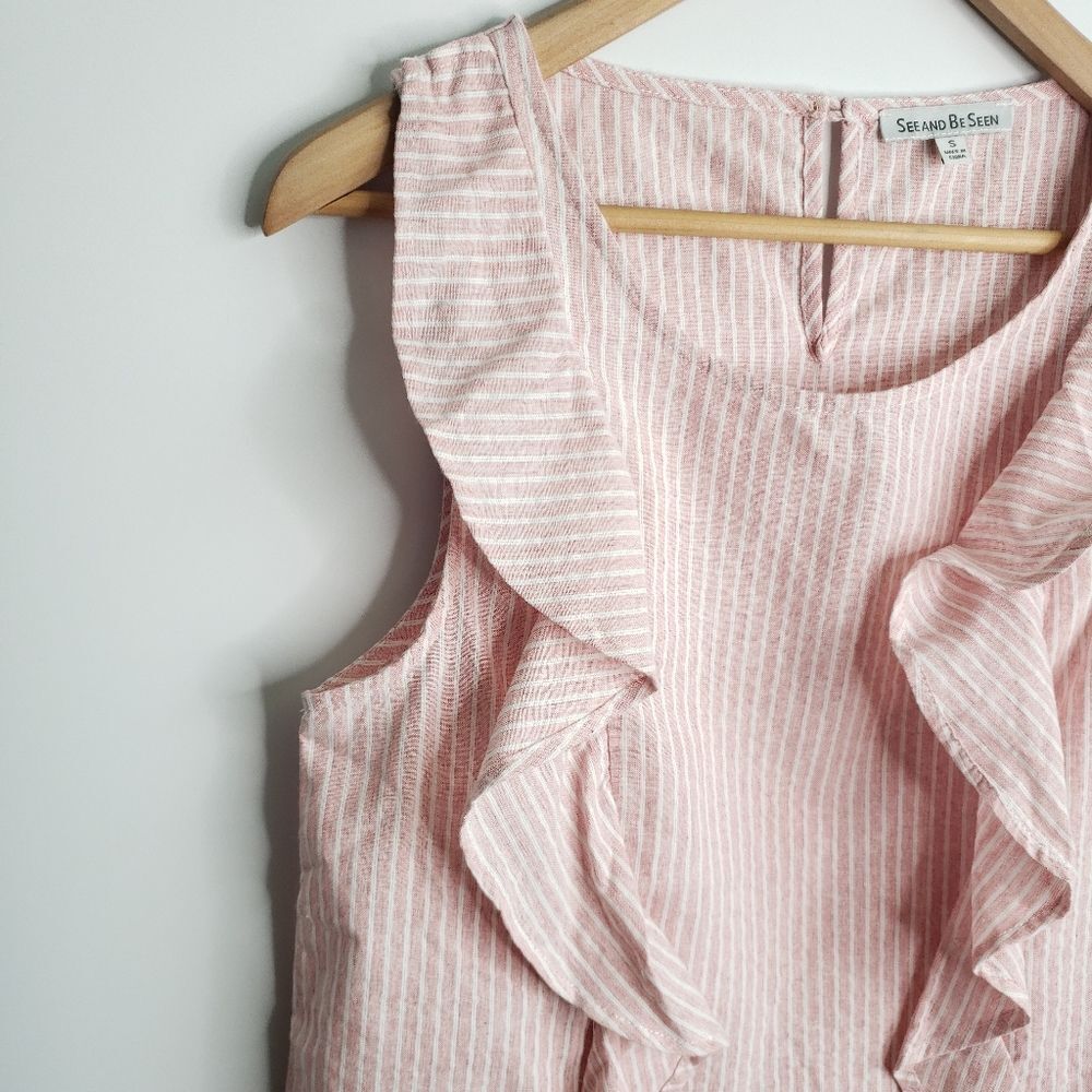 See And Be Seen Ruffle Striped Pink Top Blouse Sleeveless Cotton Career NWT - Picture 3 of 8